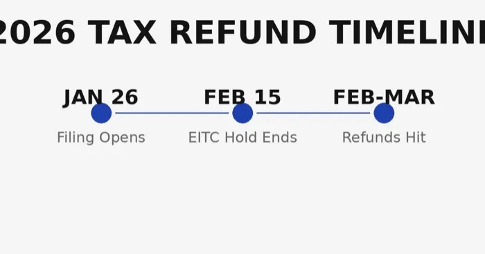 2026 IRS Tax Refund Timeline showing key dates from January to March