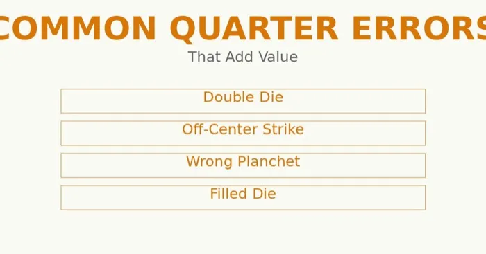 Visual guide showing the different types of quarter errors: doubled die, die crack, off-center strike, and broadstrike